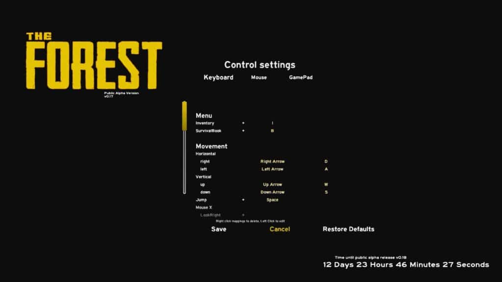 Tastaturbelegung in "The Forest" Version 0.17