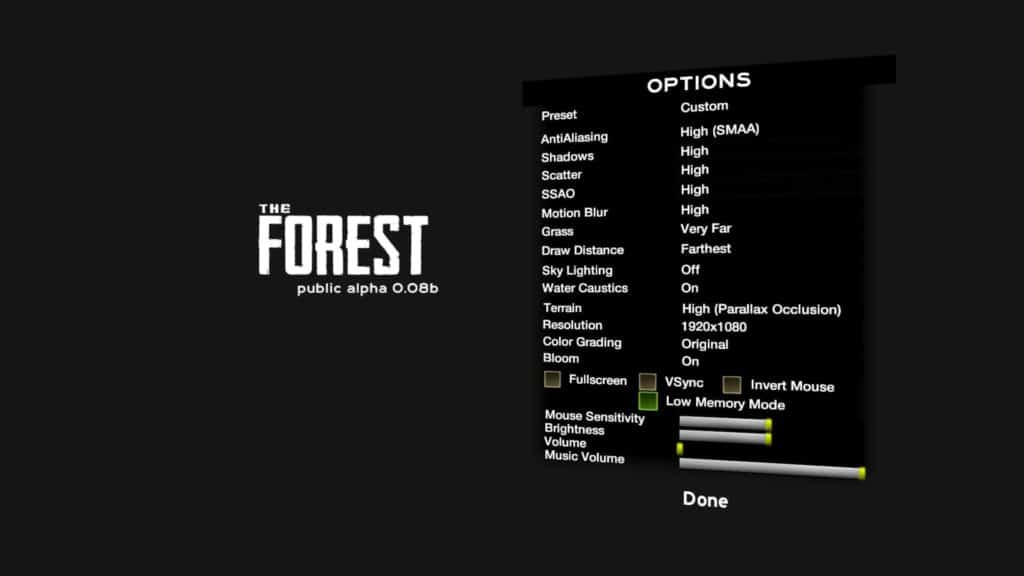 The Forest Version 0.08B - Einstellungen