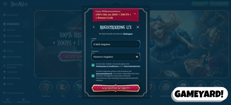 Registrierung bei BetAlice Casino ohne LUGAS Limit