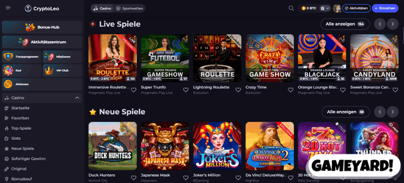 Spieleangebot im Krypto Casino ohne KYC